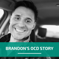 Black and white photo of the author with text saying "Brandon's OCD Story"