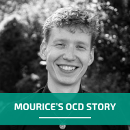 Black and white image of the author with text "Mourice's OCD Story"